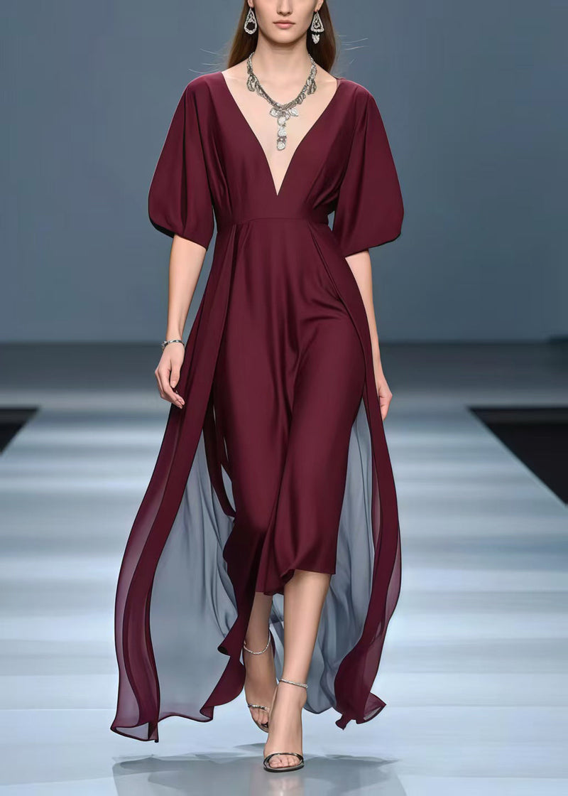 Mulberry Deep-v Neck Exra Large Hem Chiffon Vacation Dresses Summer