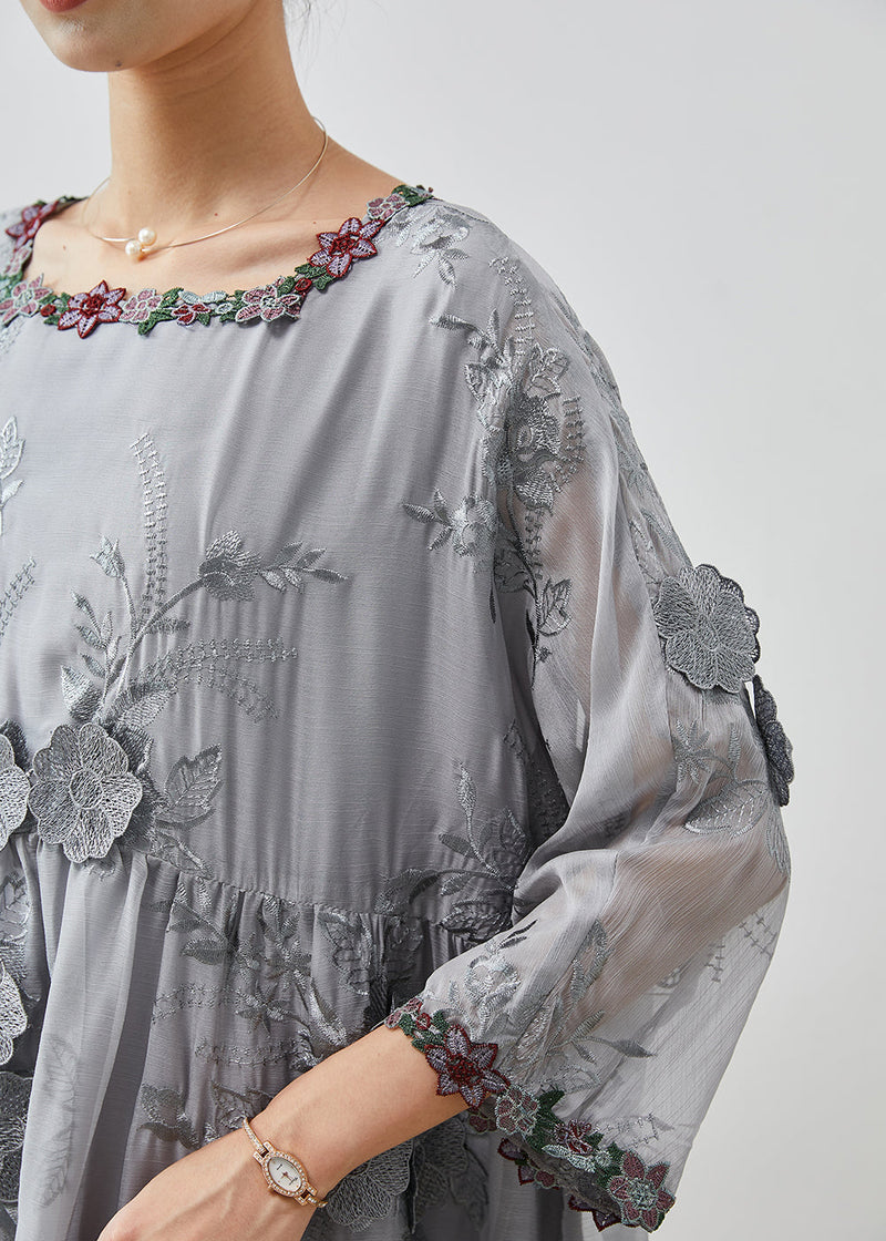 Grey Embroidered Silk Party Dress Fall