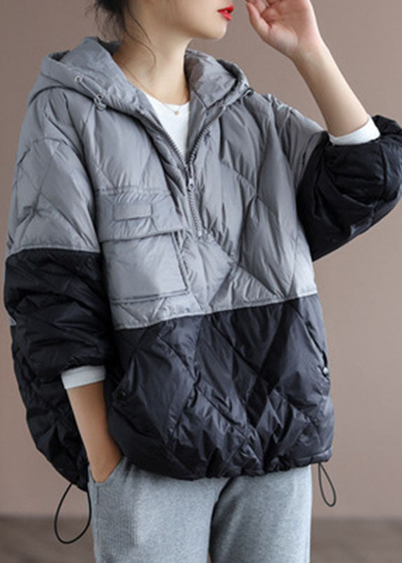 Orange Patchwork Black Hooded Loose Winter Down Coat