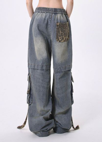 Blue Leopard Pockets Lace Up Patchwork Denim Pants Spring