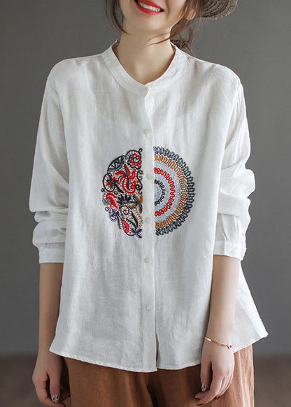 White Loose Linen Shirt Top Low High Design Long Sleeve