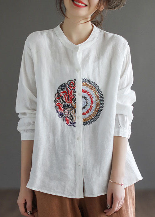 White Loose Linen Shirt Top Low High Design Long Sleeve