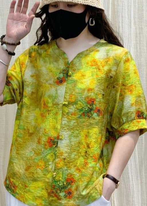 Yellow Print Wrinkled Linen Shirt Top Short Sleeve