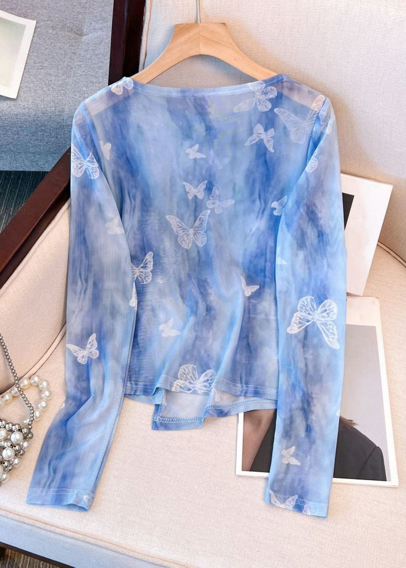 Blue O Neck Butterfly Print Tulle T Shirt Fall