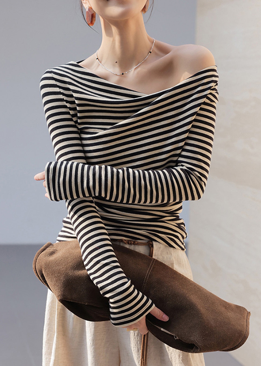 Black Cold Shoulder Striped Cotton Shirt Tops Fall