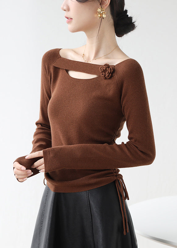 Classy Red Cinched Hollow Out Knit Shirts Winter