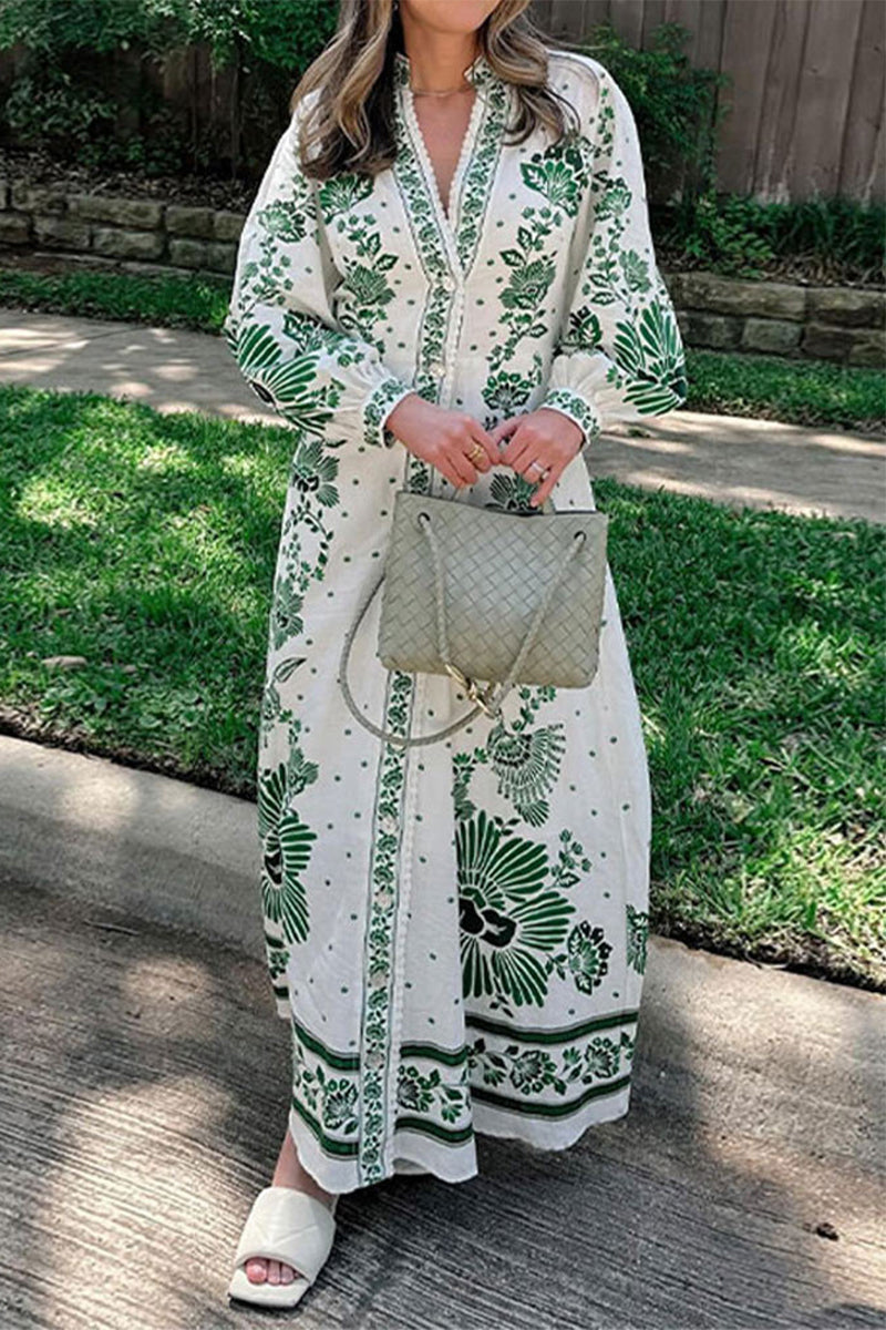Vacation Print Buckle V Neck Long Sleeve Dresses
