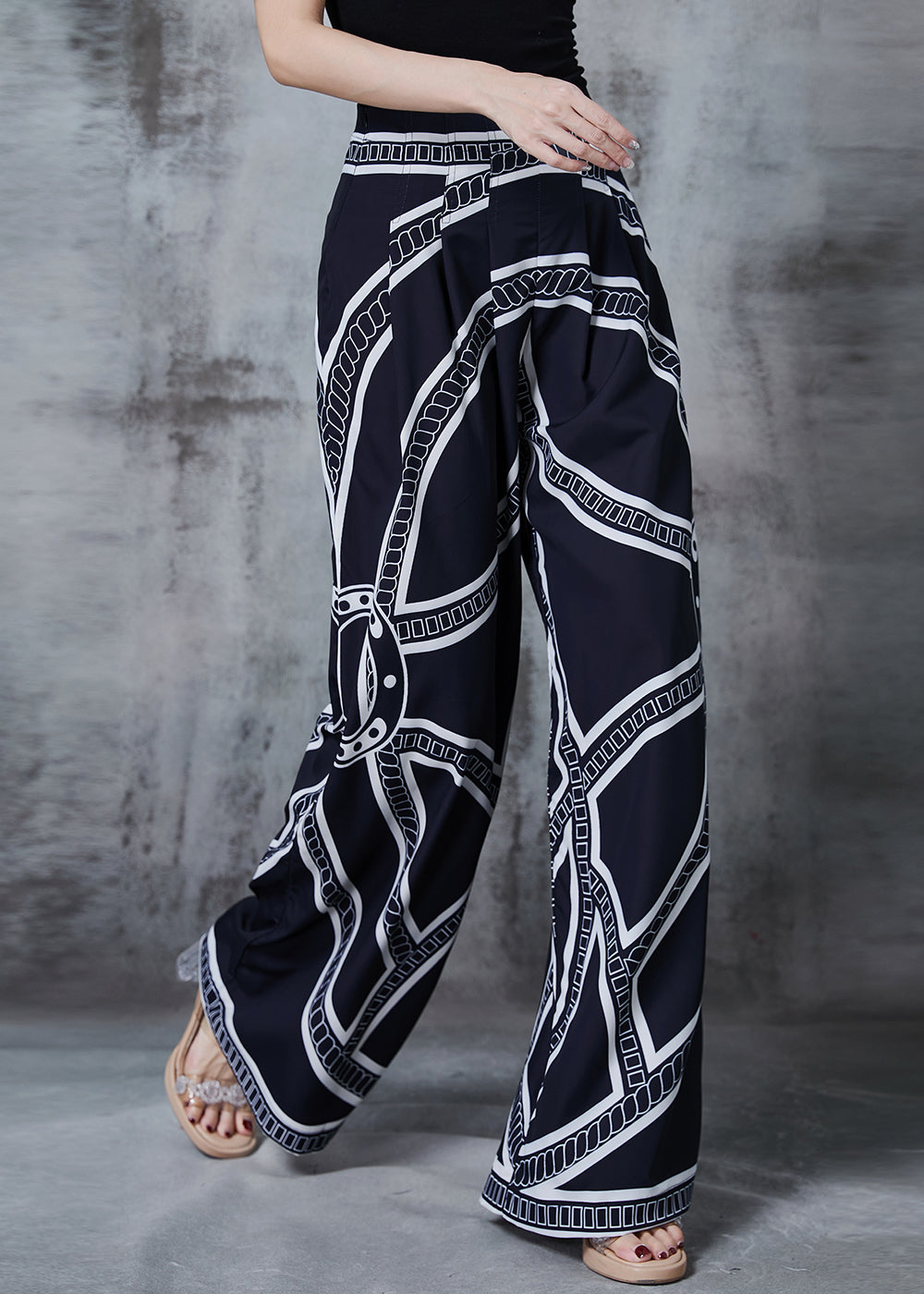 Black Print Chiffon Wide Leg Pants Elastic Waist Spring