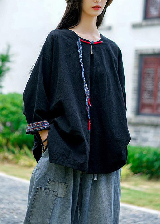 Loose Black Button Linen Tops Bracelet Sleeve