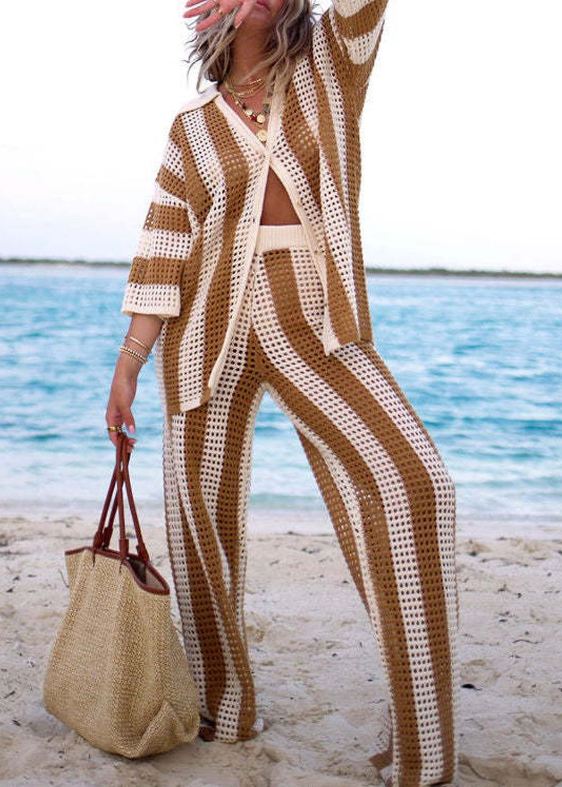 French Khaki Hollow Out Tops and Pants Knit Two Pieces Set Long Sleeve