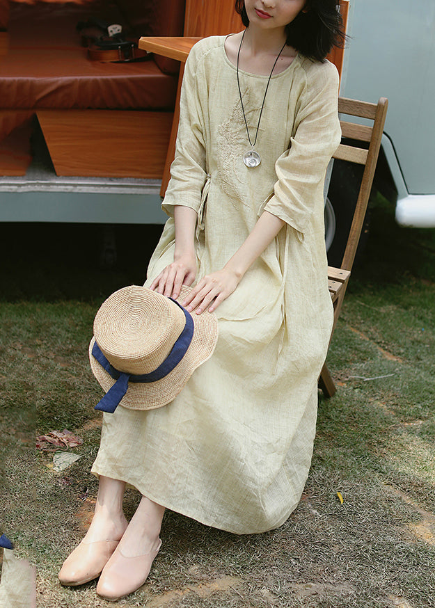 Apricot Embroidered Tie Waist Linen Dress Summer