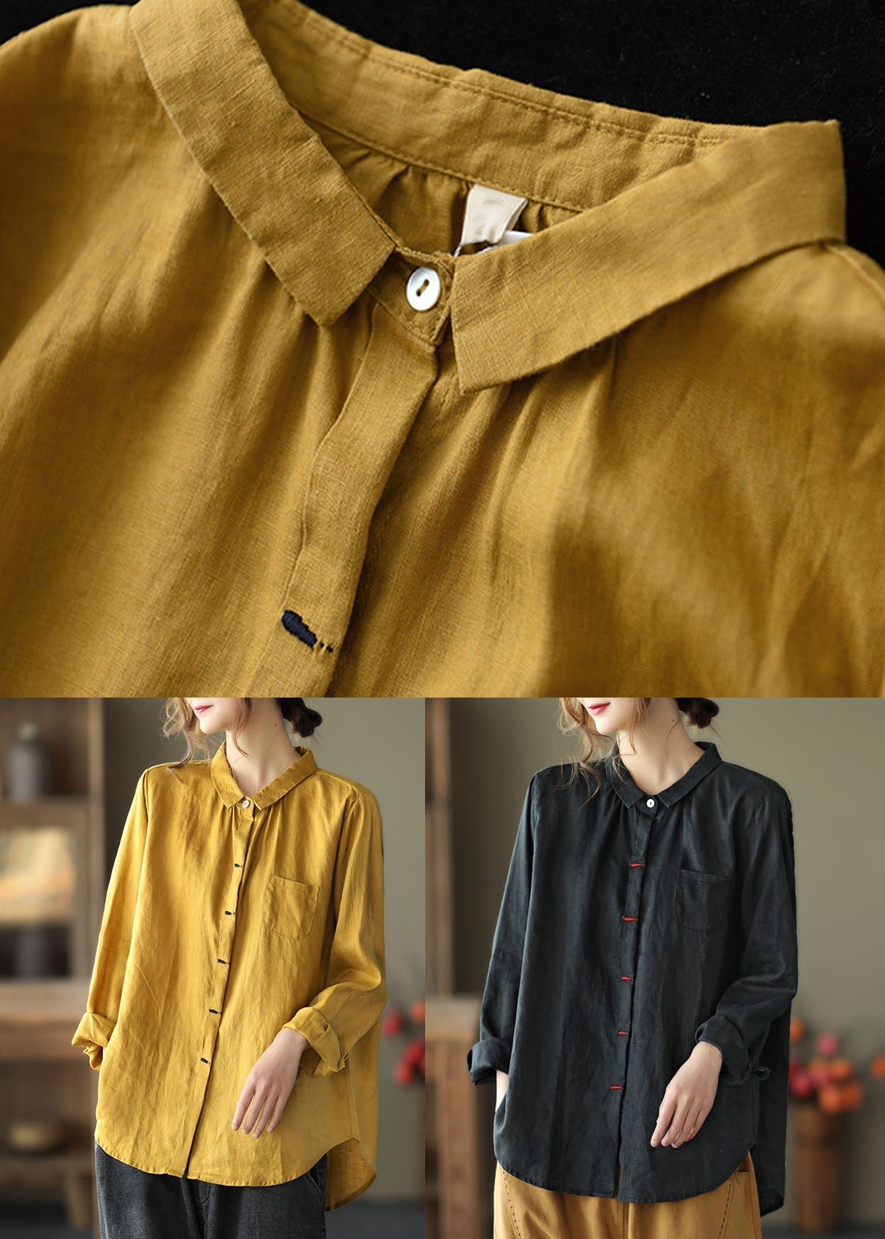 Yellow Peter Pan Collar Patchwork Linen Shirts Top Long Sleeve