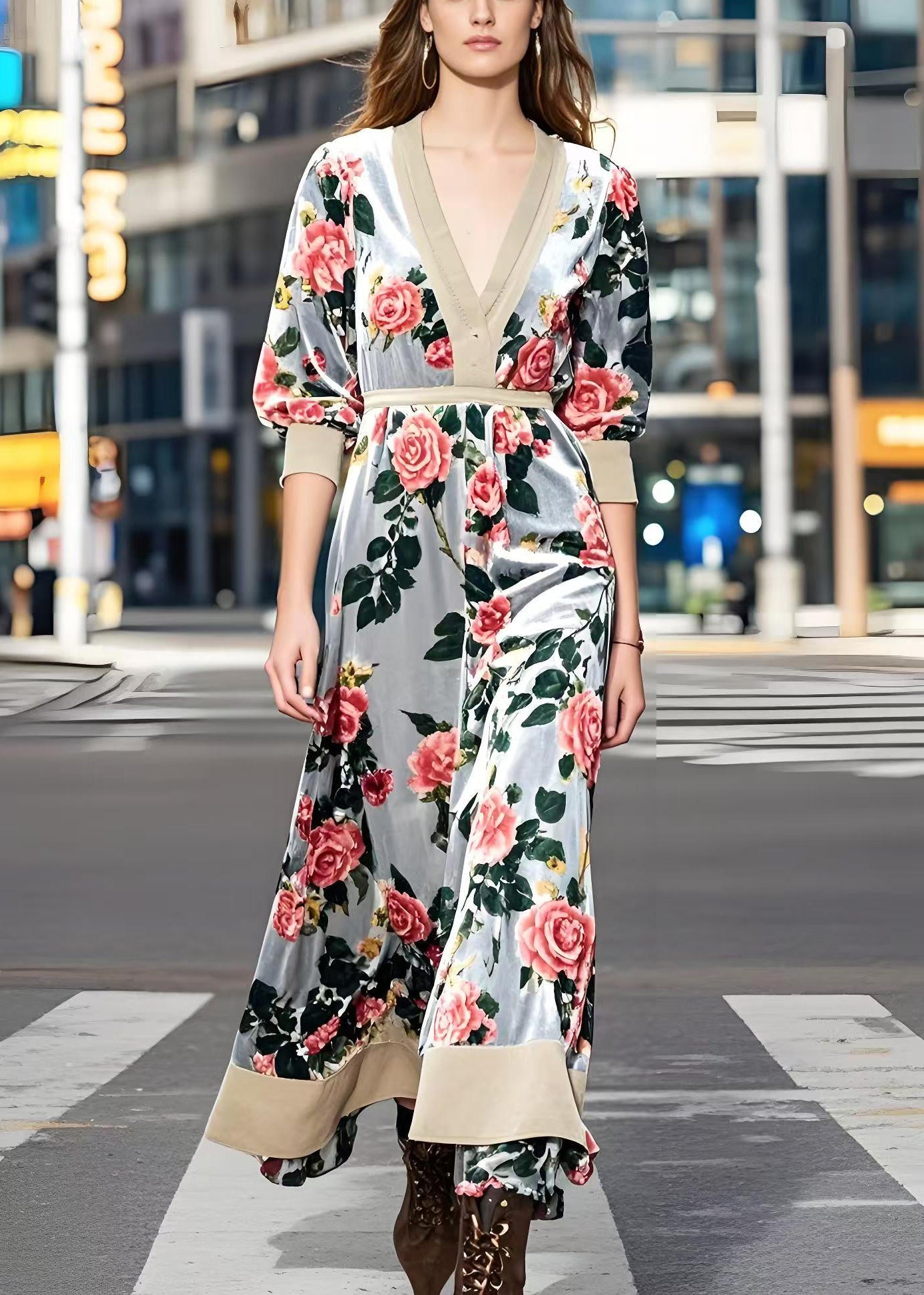 Light Grey Cinched Silk Velvet Maxi Dress Spring