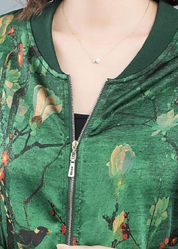 Green O-neck Print Zip Up Silk Coats Long Sleeve