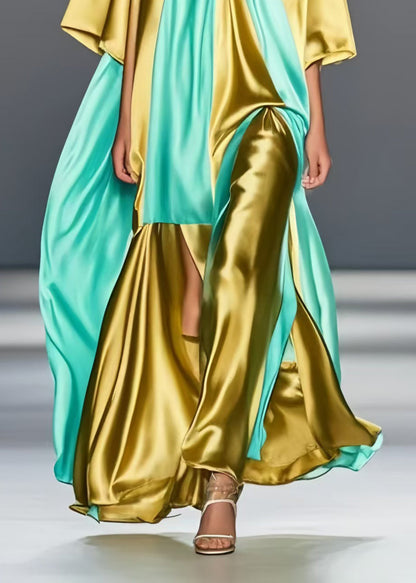 Grass Green Asymmetrical Patchwork Silk Maxi Dresses Summer