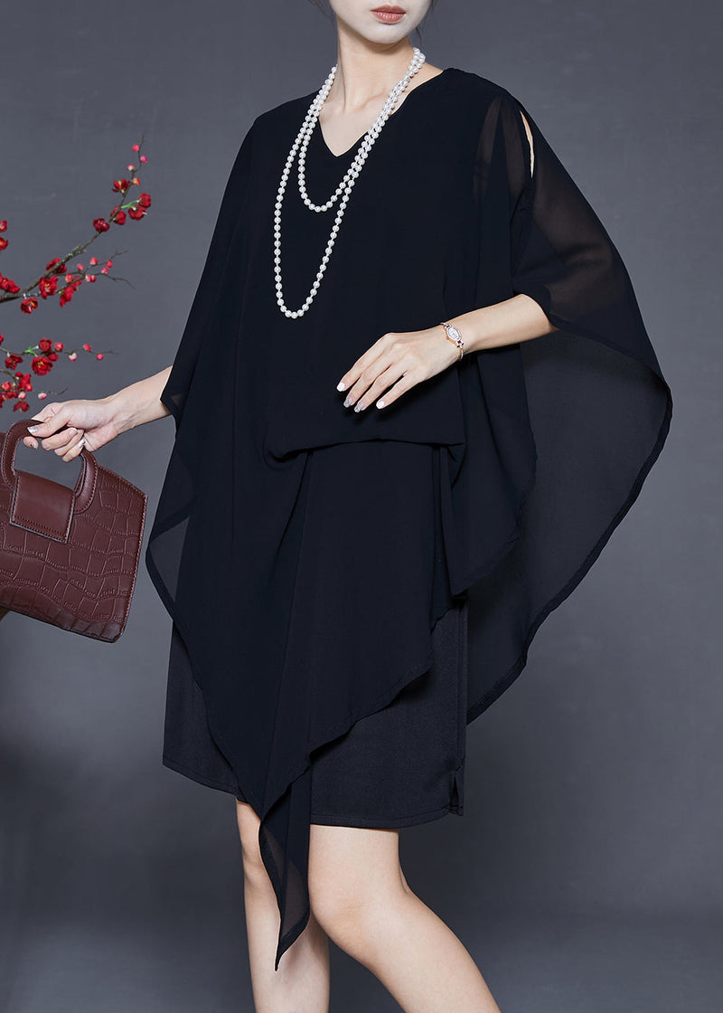 Black Asymmetrical Cold Shoulder Chiffon Tea Dress Summer