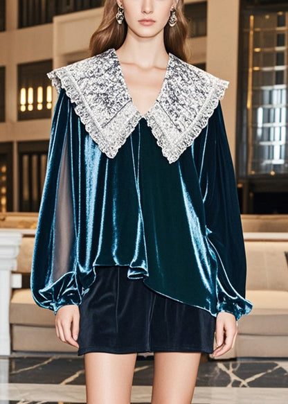 Peacock Green Peter Pan Collar Silk Velour Shirts Fall