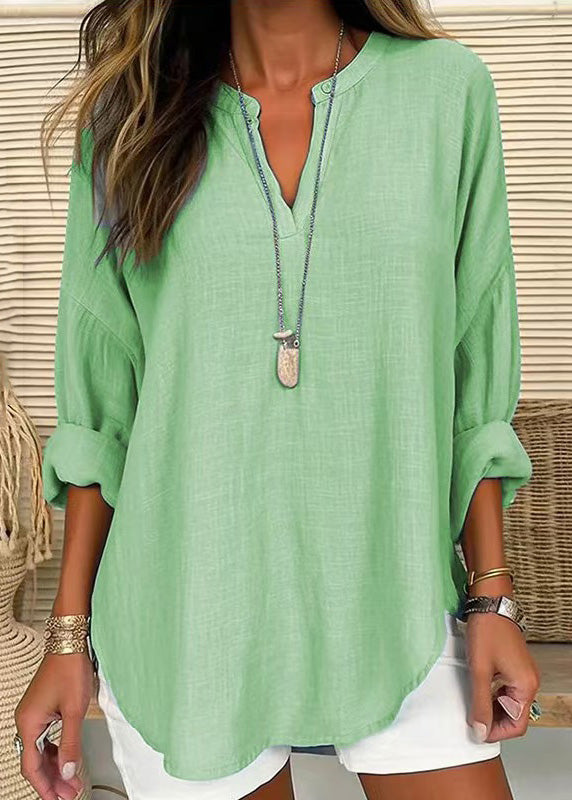 Blue V Neck Striped Cotton T Shirt Long Sleeve
