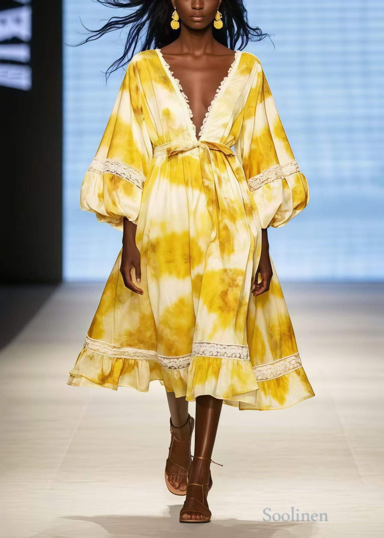 Yellow Deep-v Neck Tie Dye Chiffon Dress Lantern Sleeve