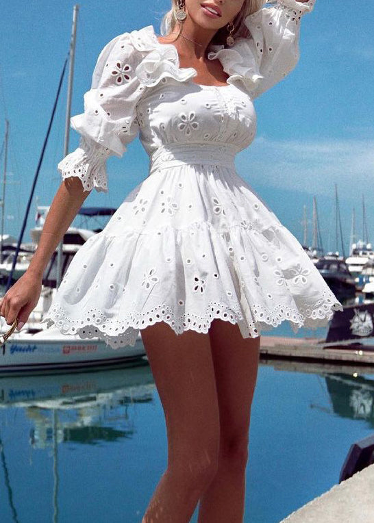 Classy White Ruffled Hollow Out Cotton Mini Dresses Half Sleeve