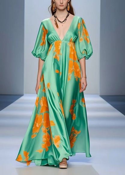 Lake Green V Neck Print Silk Holiday Dress Summer