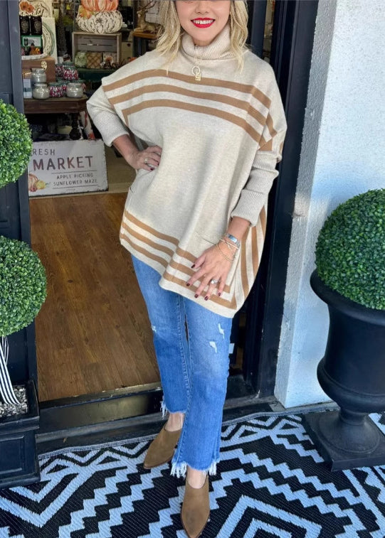 Loose Black Hign Neck Striped Knit Sweaters Batwing Sleeve