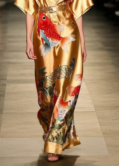 Golden Koi Fish Print Silk Tunic Dress Summer