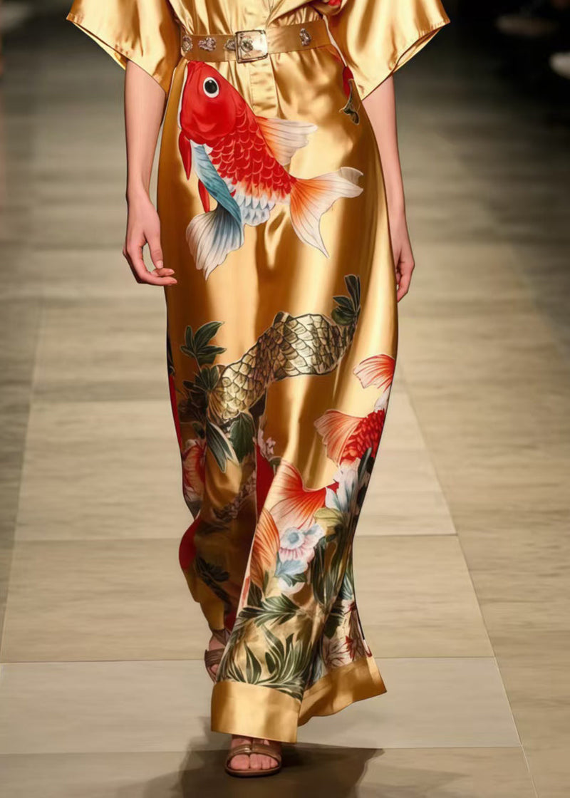Golden Koi Fish Print Silk Tunic Dress Summer