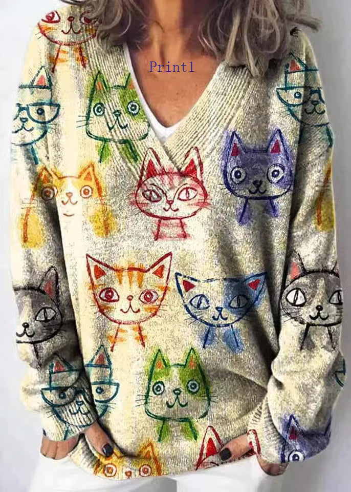 V Neck Print Knit Sweaters Spring
