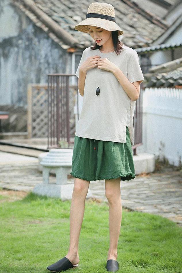 Loose Green and Yellow Linen Shorts Summer Trousers