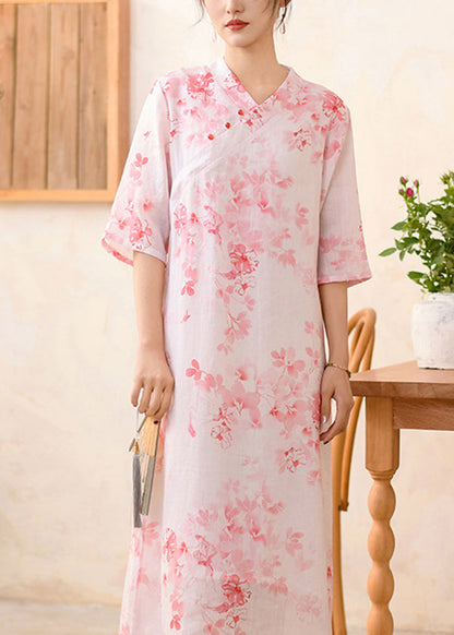 Original Design Blue V Neck Print Linen Dress Summer