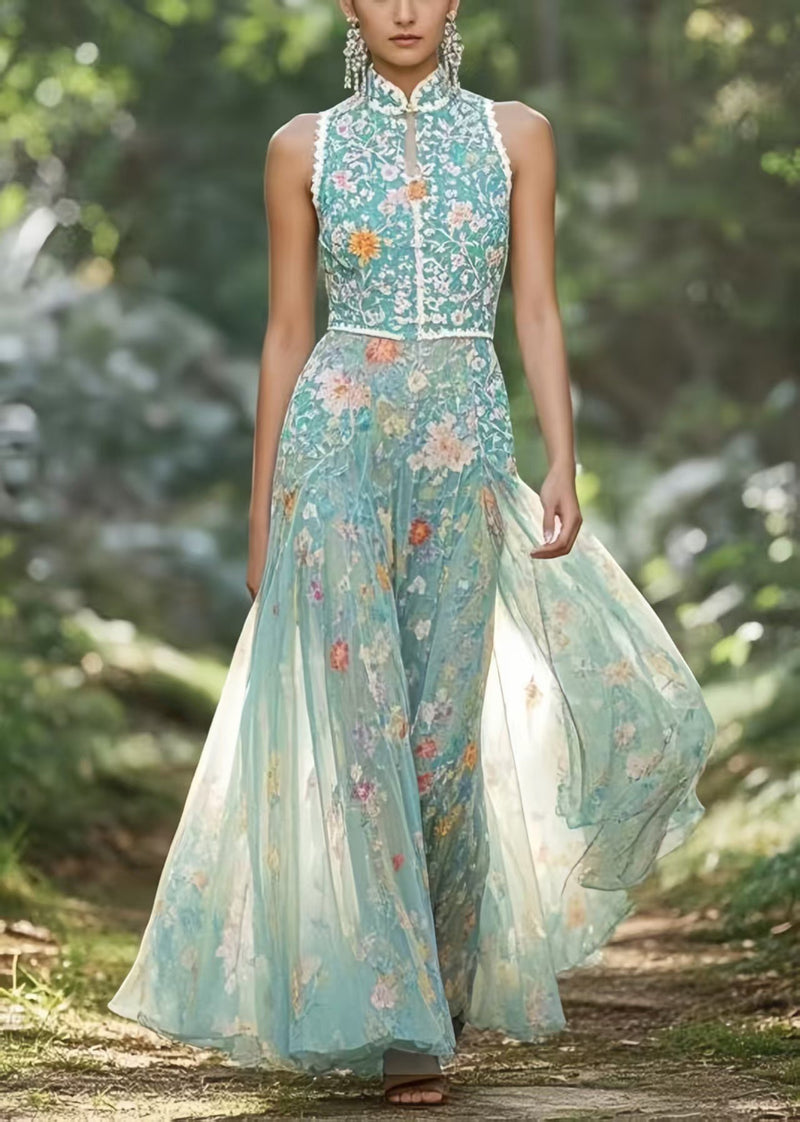 Style Green Mandarin Collar Chiffon Party Dress Sleeveless