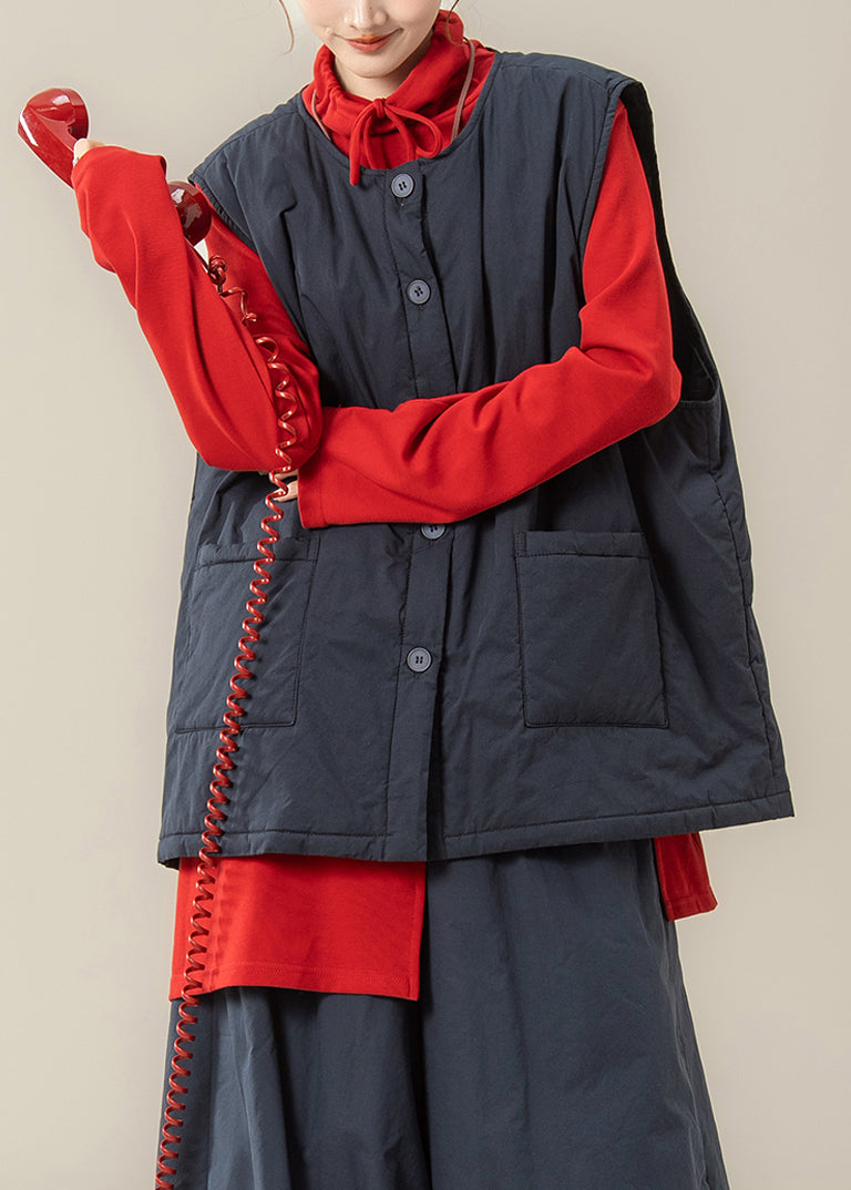 Navy Blue Patchwork Fine Cotton Filled Waistcoat and Red Top Two Piece Set Winter