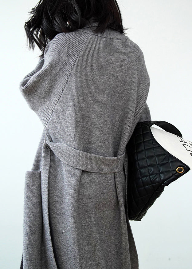 Grey Pockets Tie Waist Knit Loose Cardigans Fall Winter