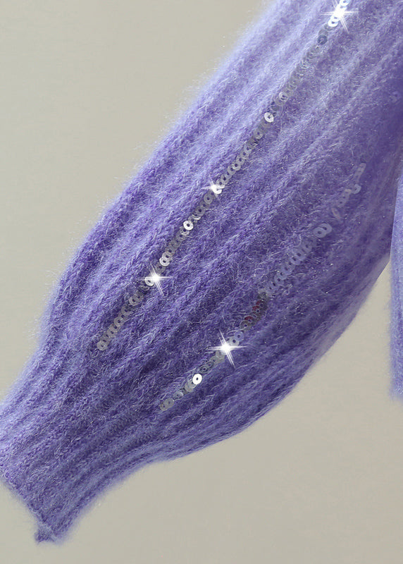 Modern Purple O-neck Sequins Cotton Knit Sweater Winter