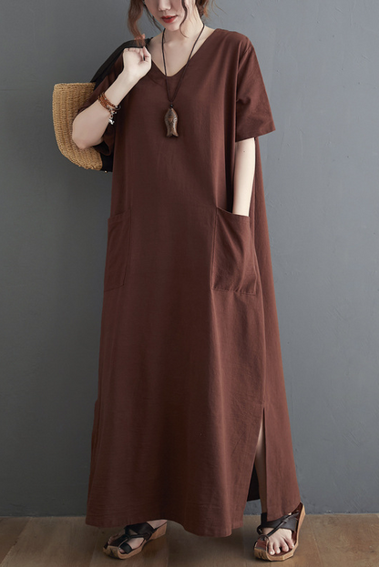 New Loose Short Sleeve Dress Retro Cotton Linen Robe