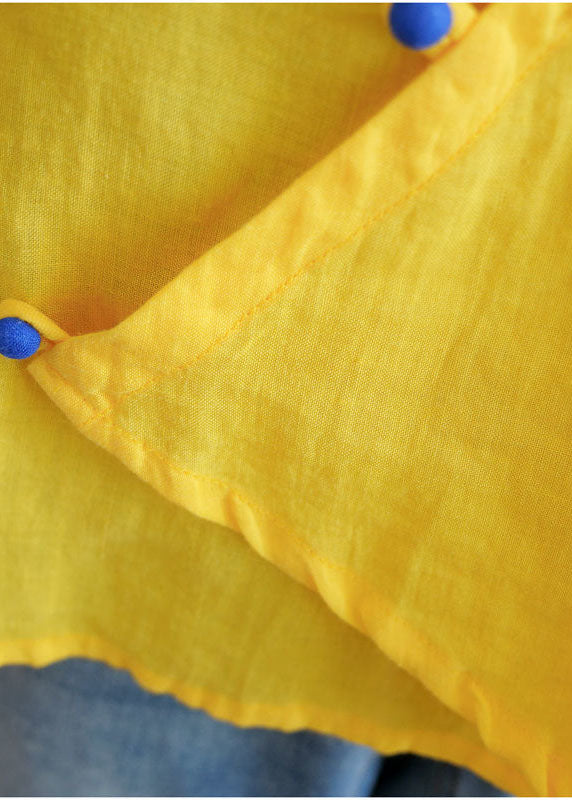 Yellow V Neck Embroidered Cotton Blouses Short Sleeve