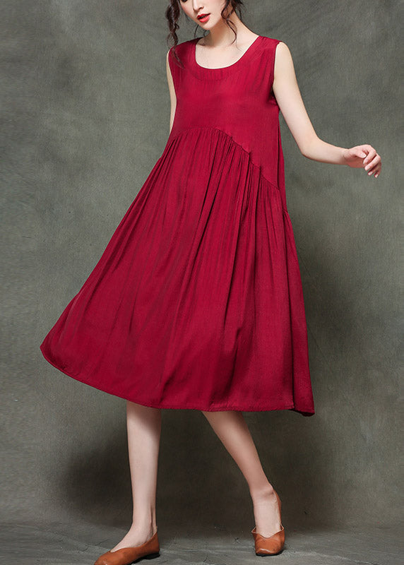 Wine Red O-neck Wrinkled Long Dresses Sleeveless