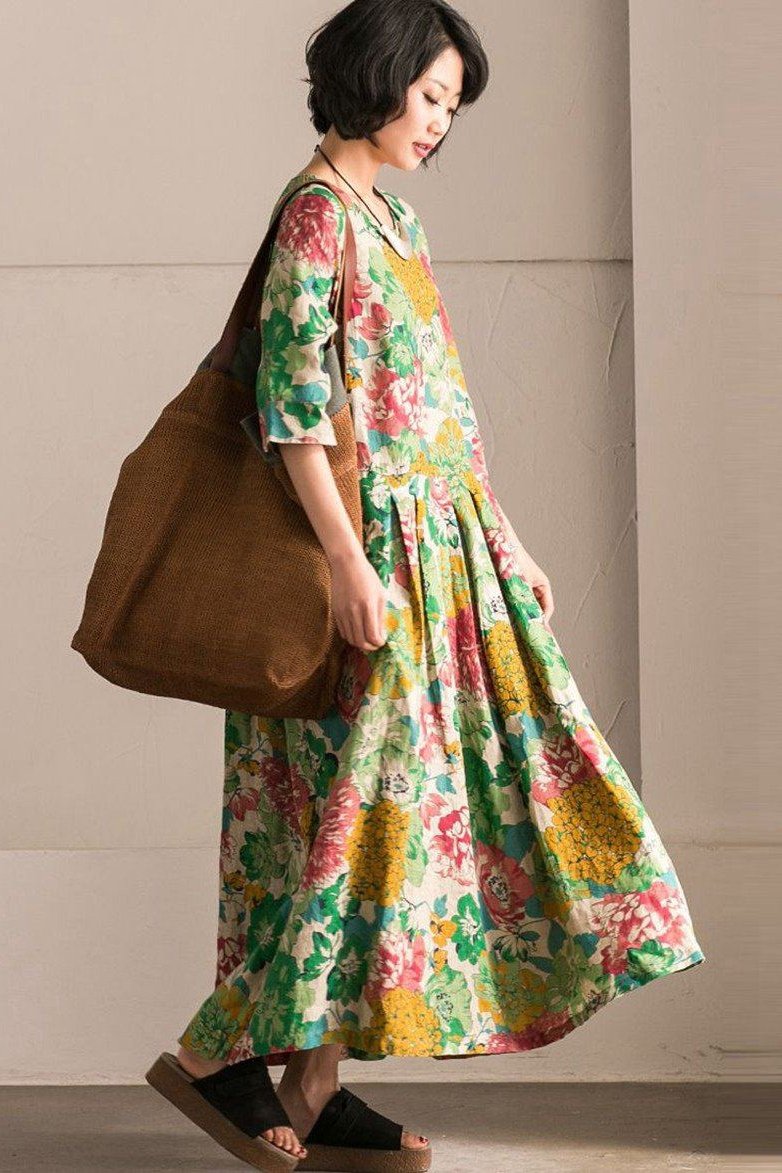 Retro Cotton Linen Flower Long Dress Summer Outfits