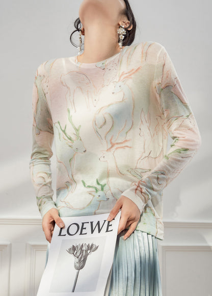 New O Neck Animal Print Thin Knit T Shirt Fall