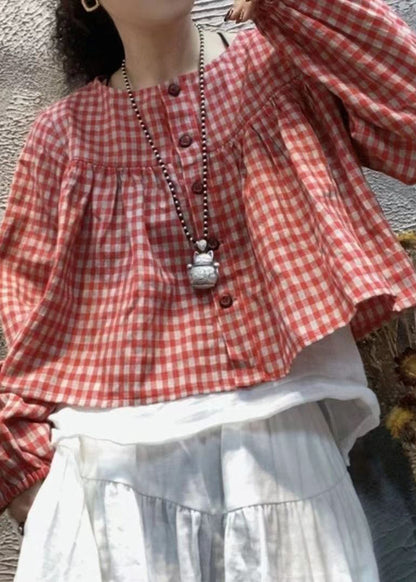 Red Plaid O-neck Button Cotton Shirt Top Long Sleeve