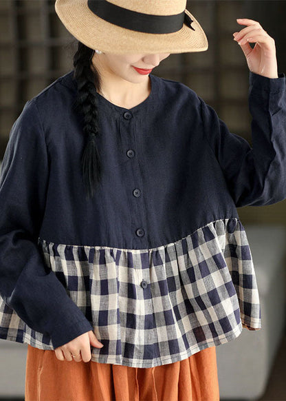 Navy O Neck Plaid Patchwork Linen Top Long Sleeve