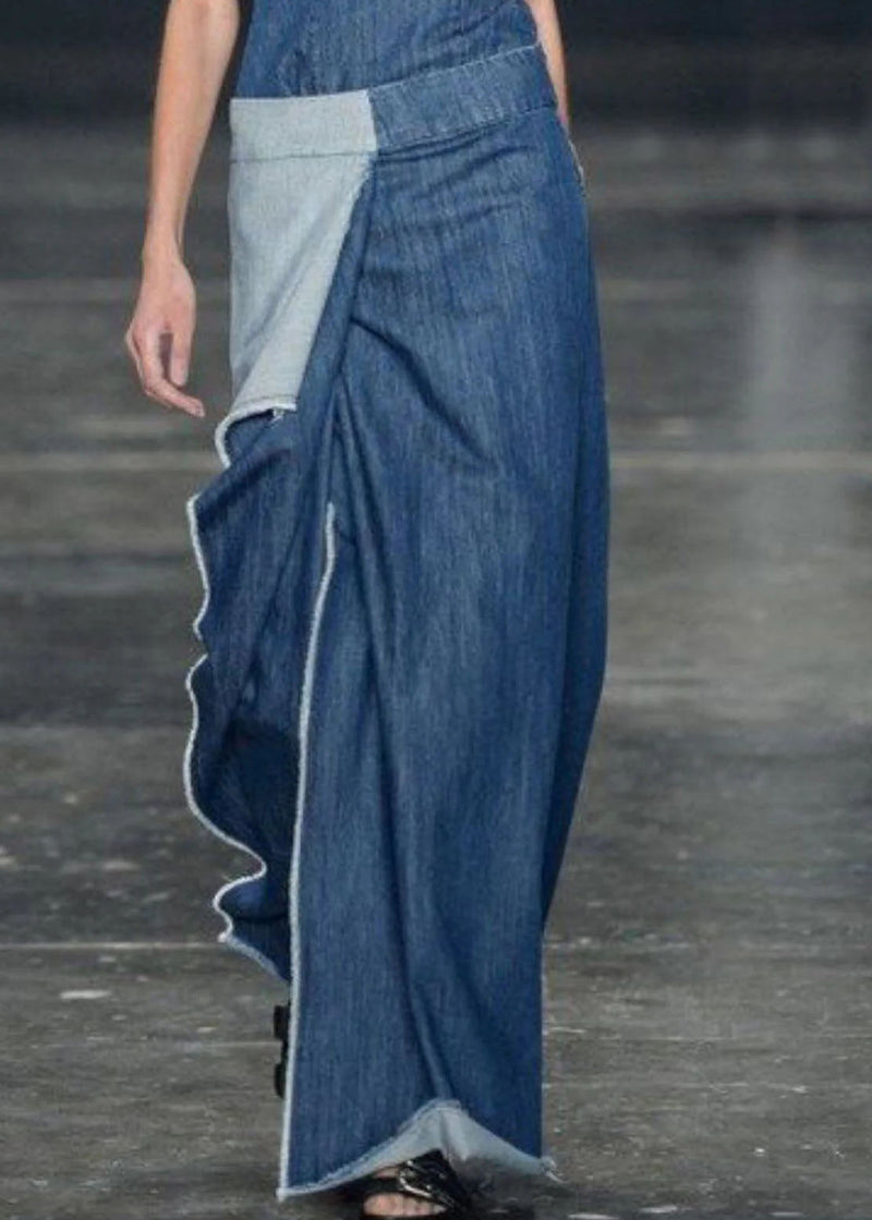 Blue Ruffled Patchwork Long Denim Dresses Sleeveless