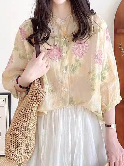 Summer Flower Ramie Button-up Shirt