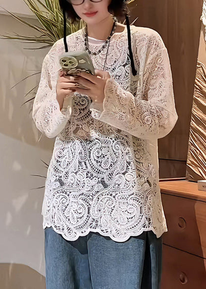Beige Embroidered Hollow Out Lace T Shirt Spring