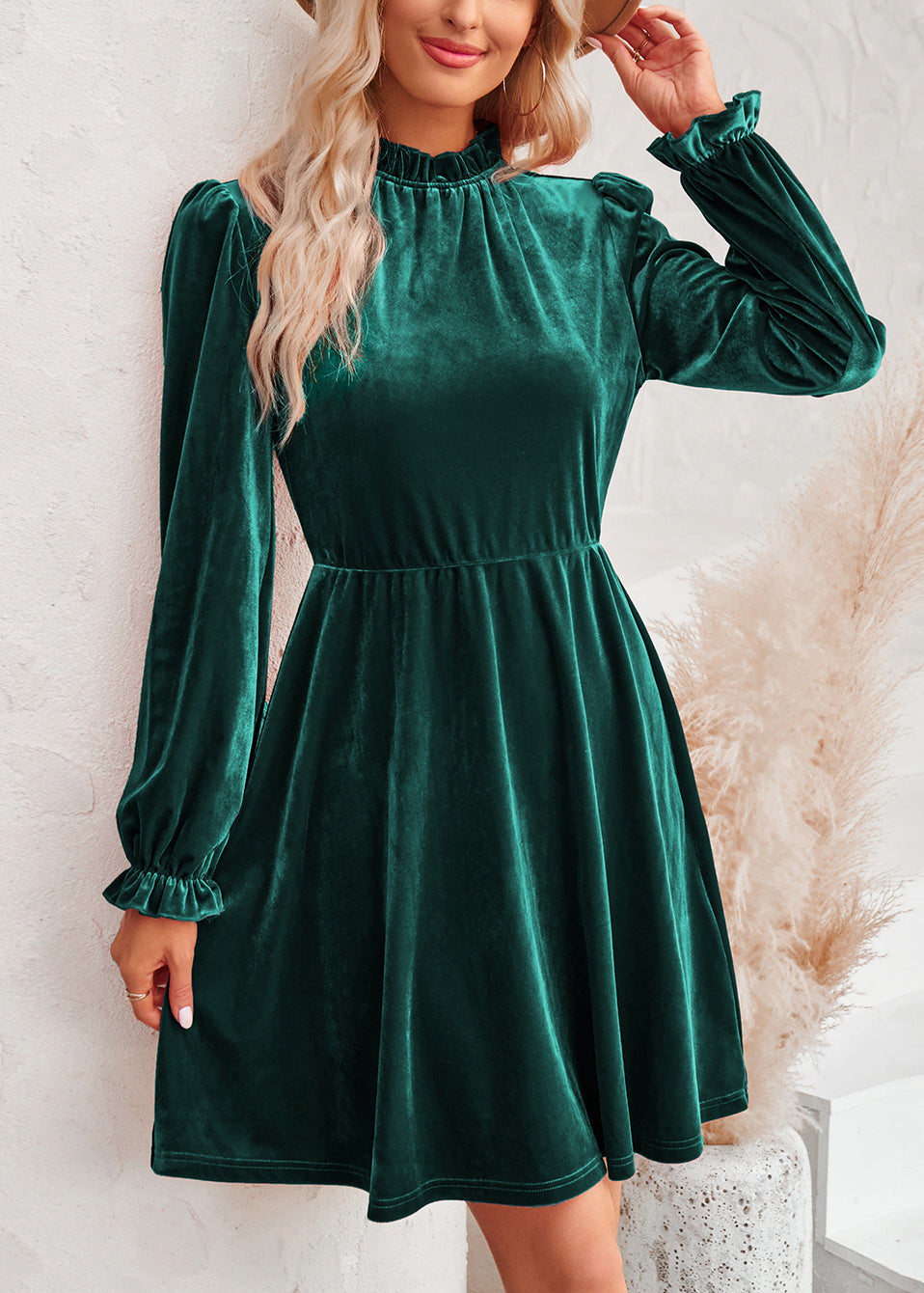Blackish Green Ruffled Patchwork Velvet Mid Dress Fall