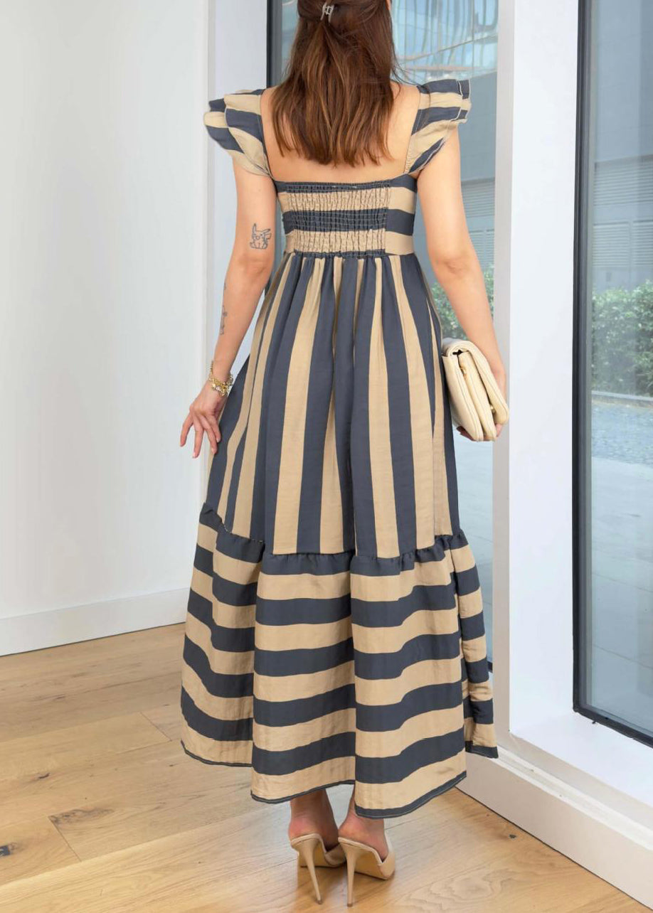 Blue Square Collar Striped Cotton Dress Butterfly Sleeve