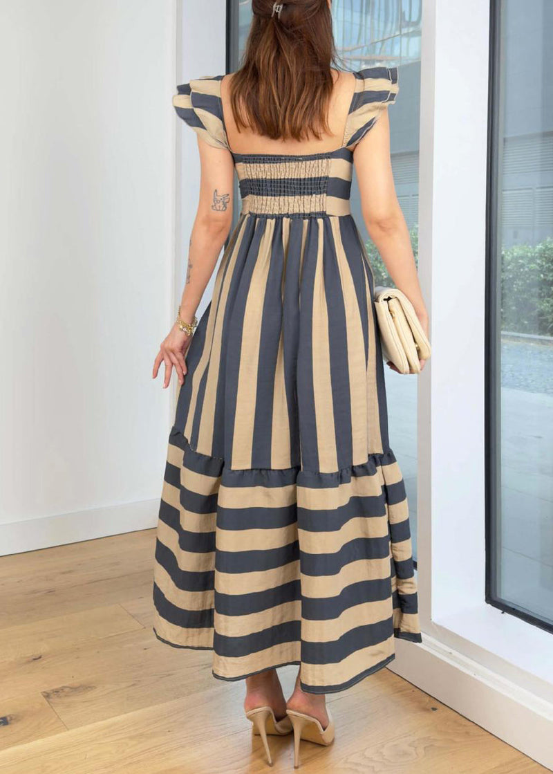 Blue Square Collar Striped Cotton Dress Butterfly Sleeve