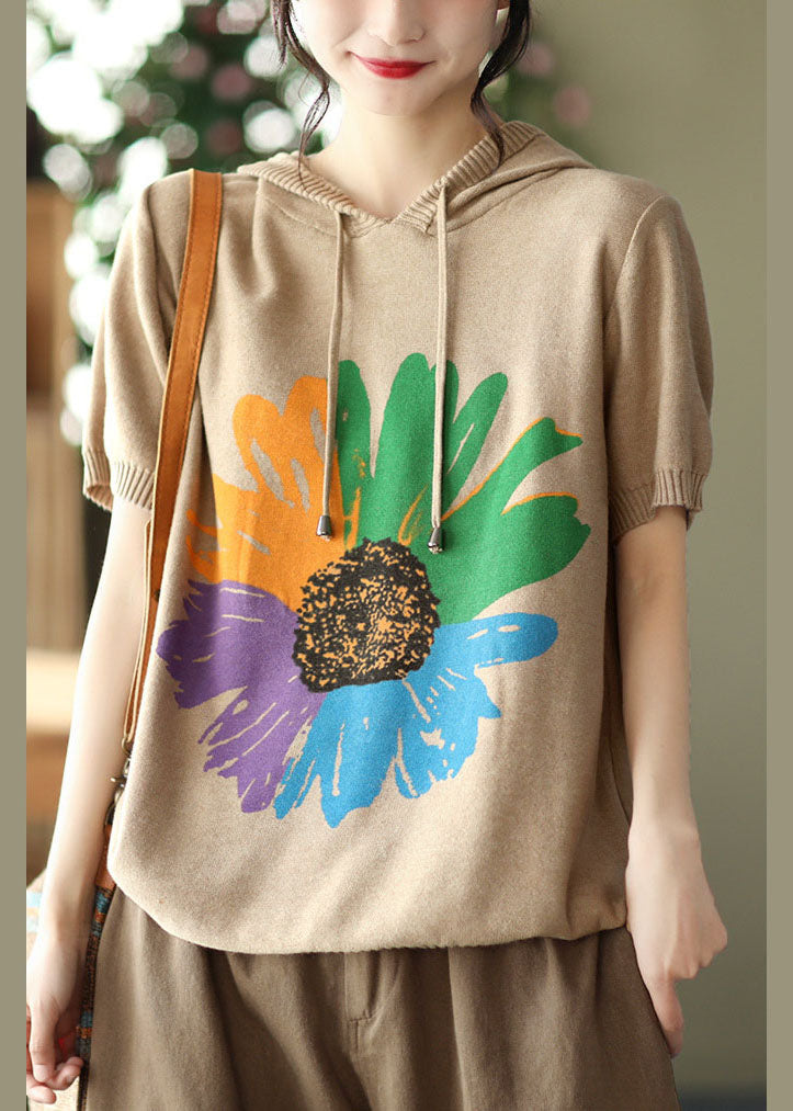 Khaki Print Knit Tank Tops Drawstring Short Sleeve