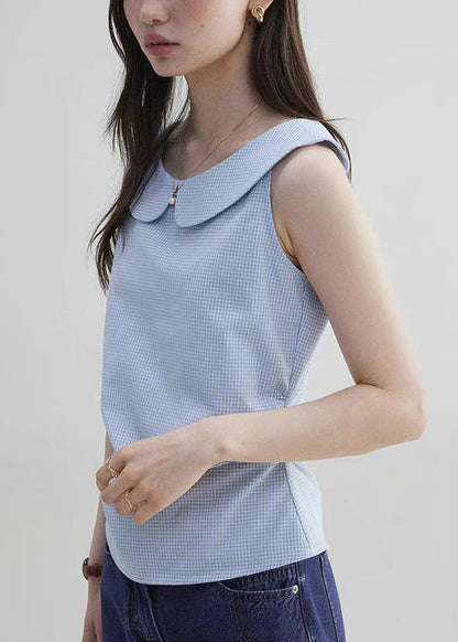 Blue Peter Pan Collar Plaid Cotton Shirt Sleeveless